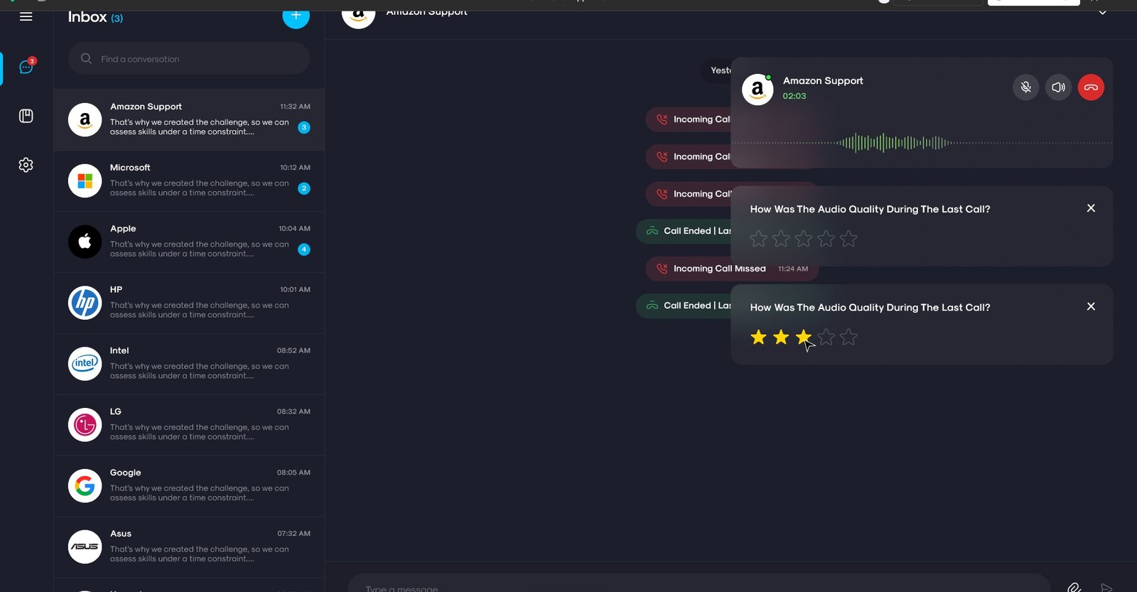 Client inbox with call rating