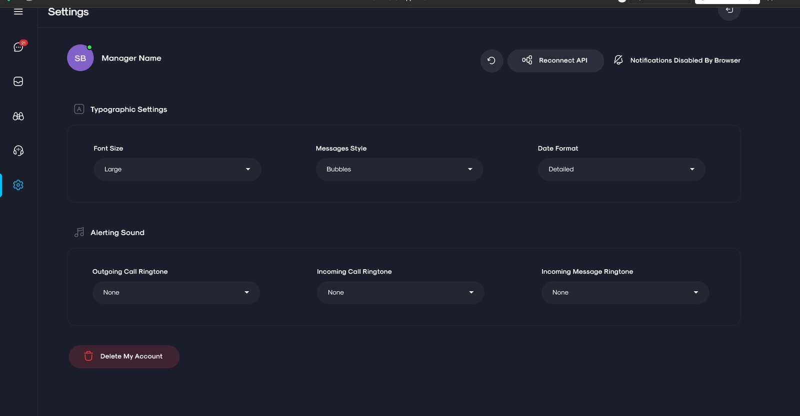 Settings screen