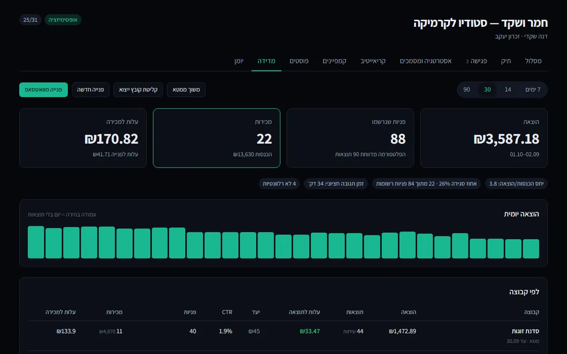 לשונית מדידה: הוצאה, פניות שנרשמו, מכירות, עלות למכירה והוצאה יומית