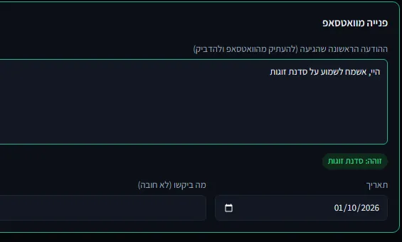 פנייה מוואטסאפ: הודעה ראשונה שהודבקה, והקבוצה שזוהתה